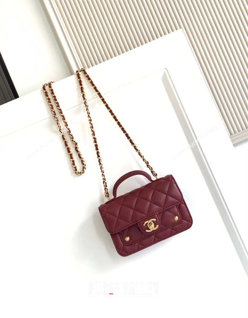 Chanel Shiny Lambskin Clutch with chain and Top Handle Dark Burgundy 2025 AP4675 (yezi-251009086)