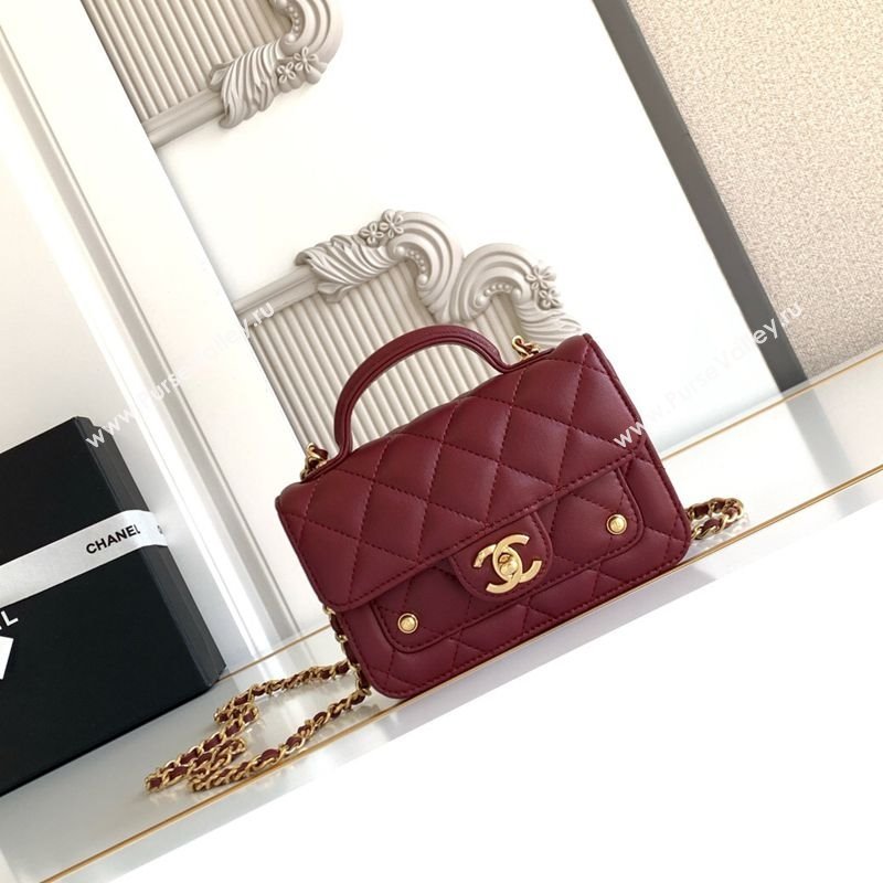 Chanel Shiny Lambskin Clutch with chain and Top Handle Dark Burgundy 2025 AP4675 (yezi-251009086)