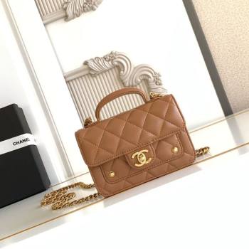 Chanel Shiny Lambskin Clutch with chain and Top Handle Brown 2025 AP4675 (yezi-251009088)