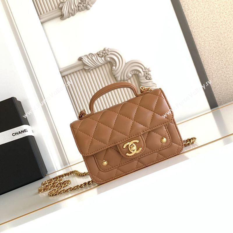 Chanel Shiny Lambskin Clutch with chain and Top Handle Brown 2025 AP4675 (yezi-251009088)