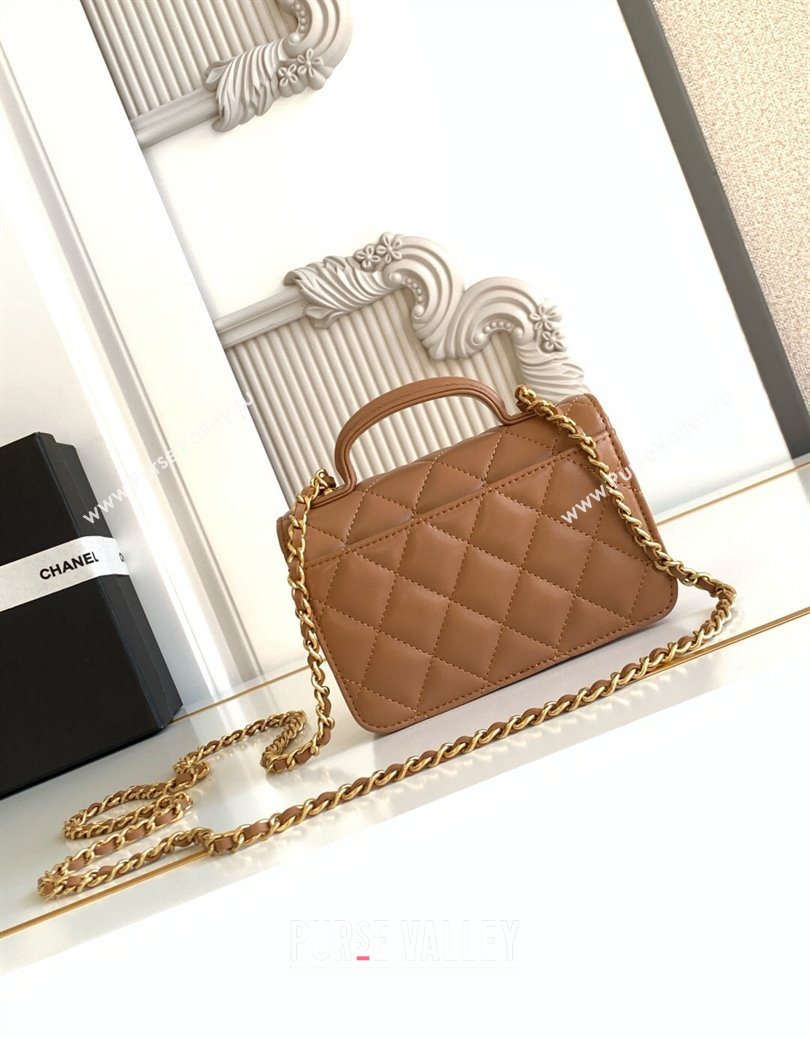 Chanel Shiny Lambskin Clutch with chain and Top Handle Brown 2025 AP4675 (yezi-251009088)