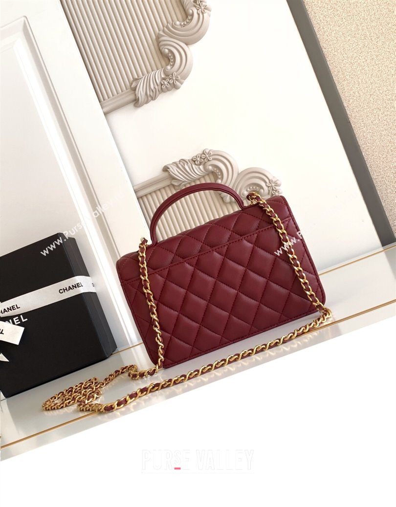 Chanel Shiny Lambskin Wallet with chain and Top Handle Burgundy 2025 AP4674 (yezi-251009090)
