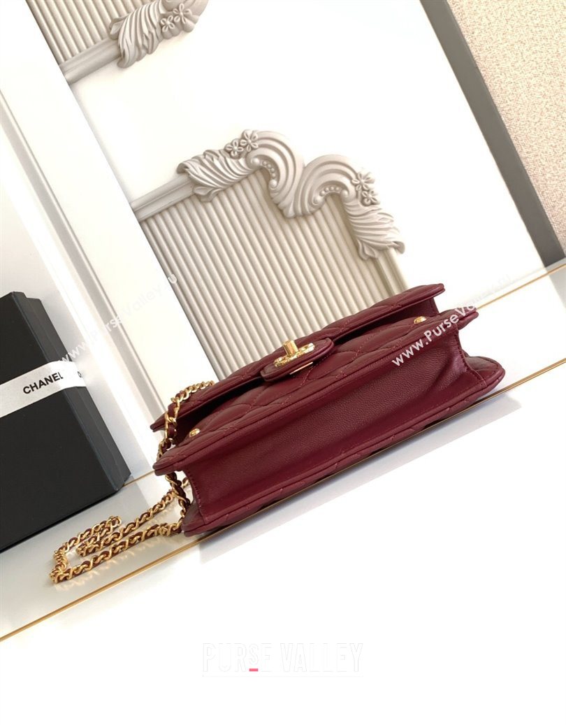 Chanel Shiny Lambskin Wallet with chain and Top Handle Burgundy 2025 AP4674 (yezi-251009090)
