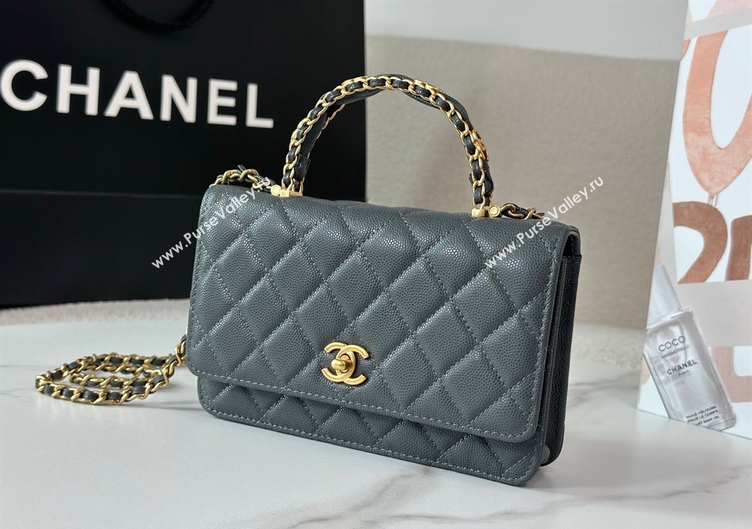 Chanel Grained Shiny Calfskin Wallet on Chain with Top Handle WOC Dark Grey 2025 AP4785 (YM-251011089)