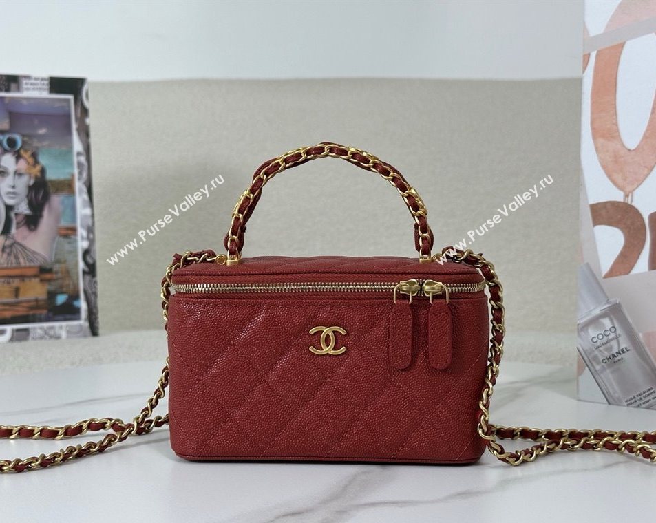 Chanel Grained Shiny Calfskin Long Vanity Case with Chain and Top Handle Red 2025 A96161 (YM-251011082)