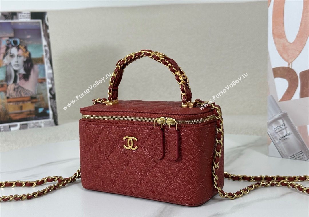 Chanel Grained Shiny Calfskin Long Vanity Case with Chain and Top Handle Red 2025 A96161 (YM-251011082)