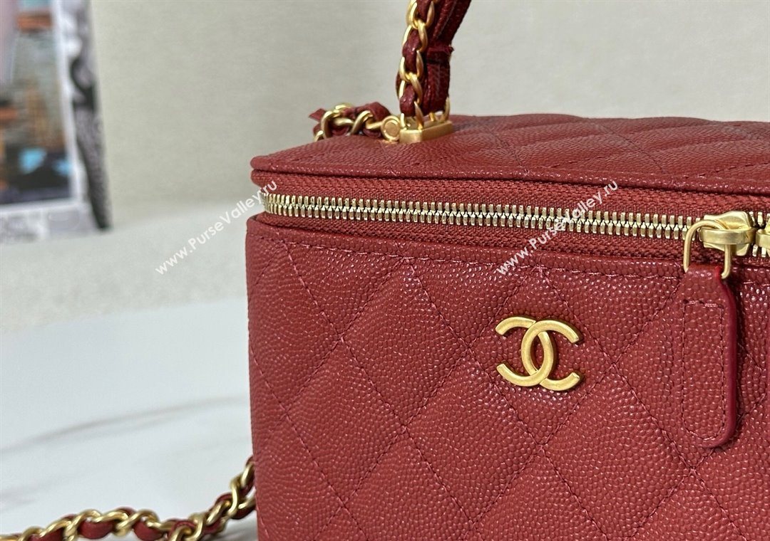 Chanel Grained Shiny Calfskin Long Vanity Case with Chain and Top Handle Red 2025 A96161 (YM-251011082)