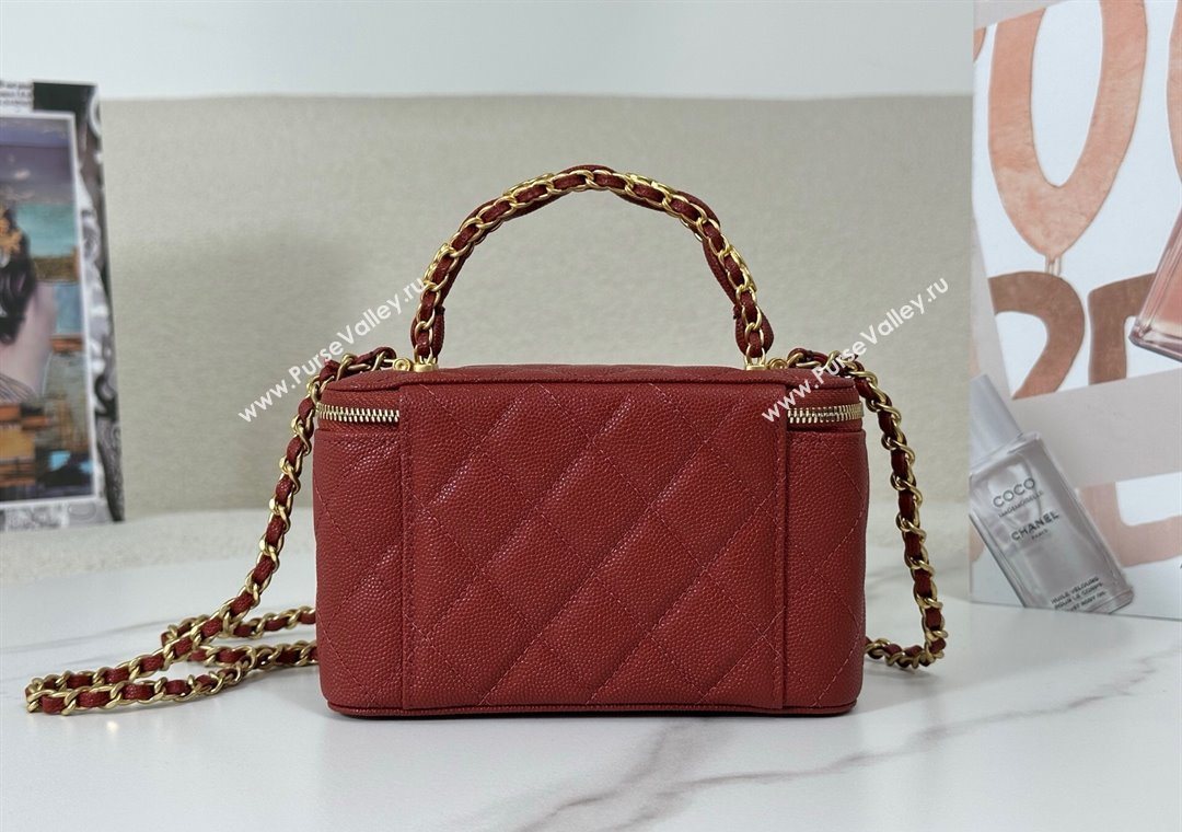 Chanel Grained Shiny Calfskin Long Vanity Case with Chain and Top Handle Red 2025 A96161 (YM-251011082)