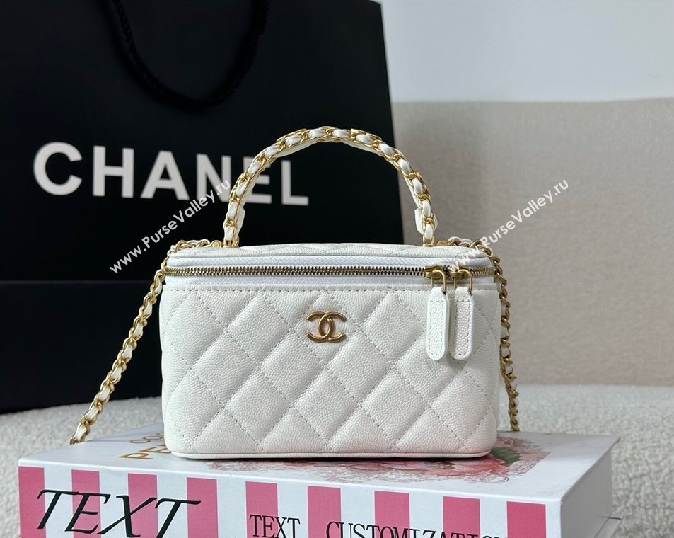 Chanel Grained Shiny Calfskin Long Vanity Case with Chain and Top Handle White 2025 A96161 (YM-251011083)