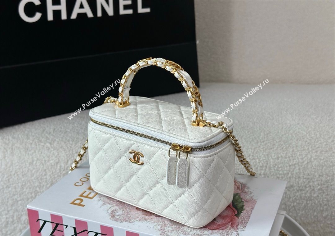 Chanel Grained Shiny Calfskin Long Vanity Case with Chain and Top Handle White 2025 A96161 (YM-251011083)