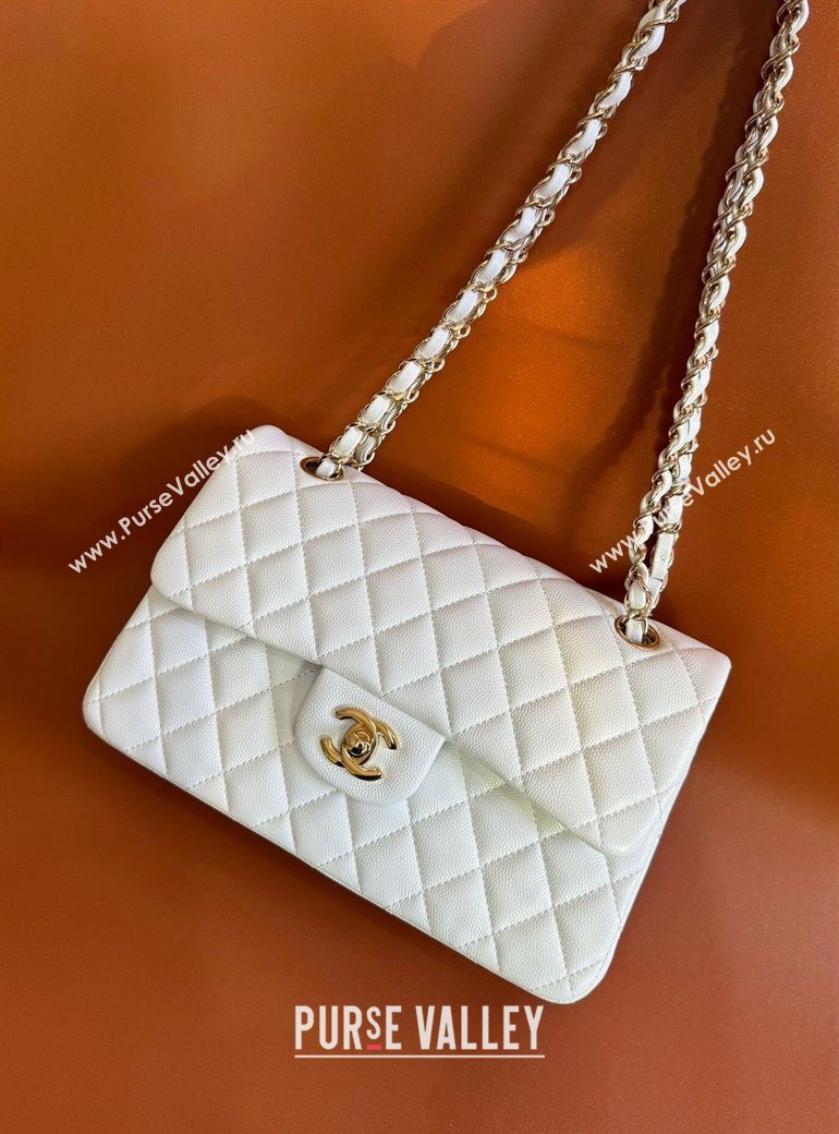 Chanel Caviar-Grained Calfskin Leather Classic Small Flap Bag A01117 White/Gold 2025 1013 (YD-251013022)