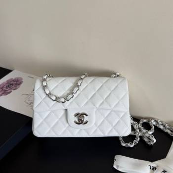 Chanel Caviar-Grained Calfskin Leather Classic Mini Flap Bag A01116 White/Silver 2025 1013 (YD-251013017)