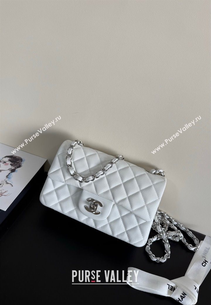 Chanel Caviar-Grained Calfskin Leather Classic Mini Flap Bag A01116 White/Silver 2025 1013 (YD-251013017)