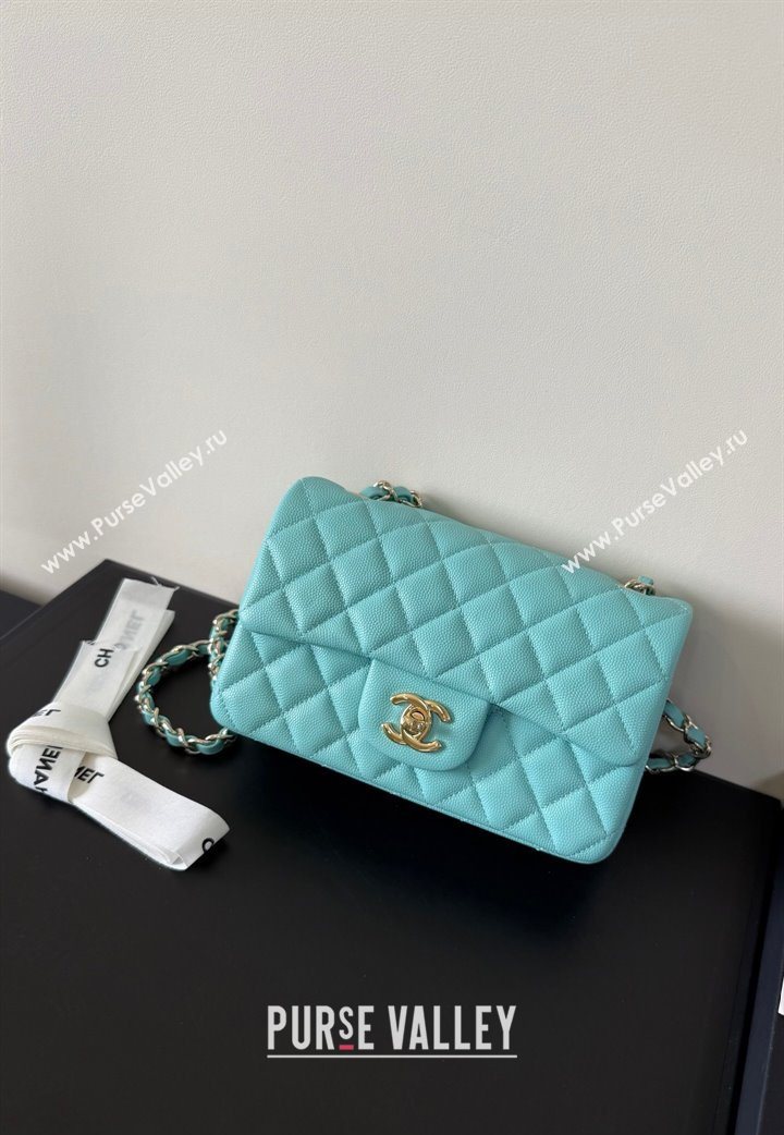 Chanel Caviar-Grained Calfskin Leather Classic Mini Flap Bag A01116 Tiffany Blue/Gold 2025 1013 (YD-251013018)