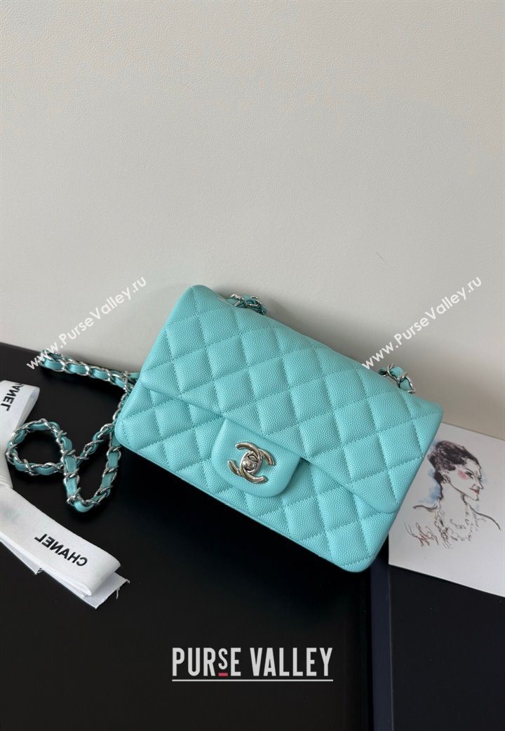 Chanel Caviar-Grained Calfskin Leather Classic Mini Flap Bag A01116 Tiffany Blue/Silver 2025 1013 (YD-251013019)