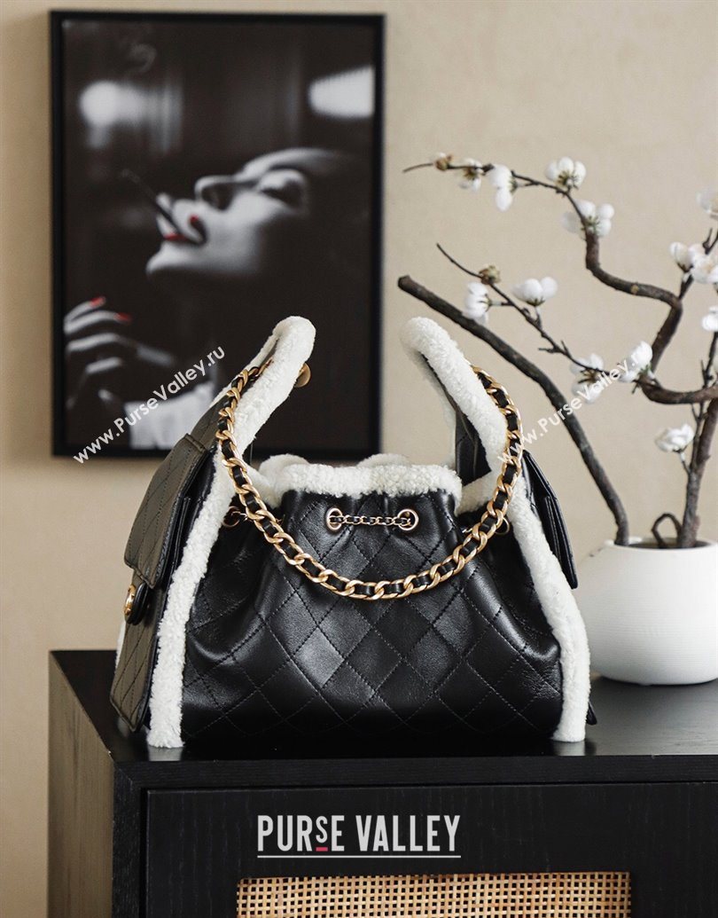 Chanel Quilted Calfskin 25 Small Handbag with Shearling Charm AS5293 Black/Gold 2025 (yezi-251011002)