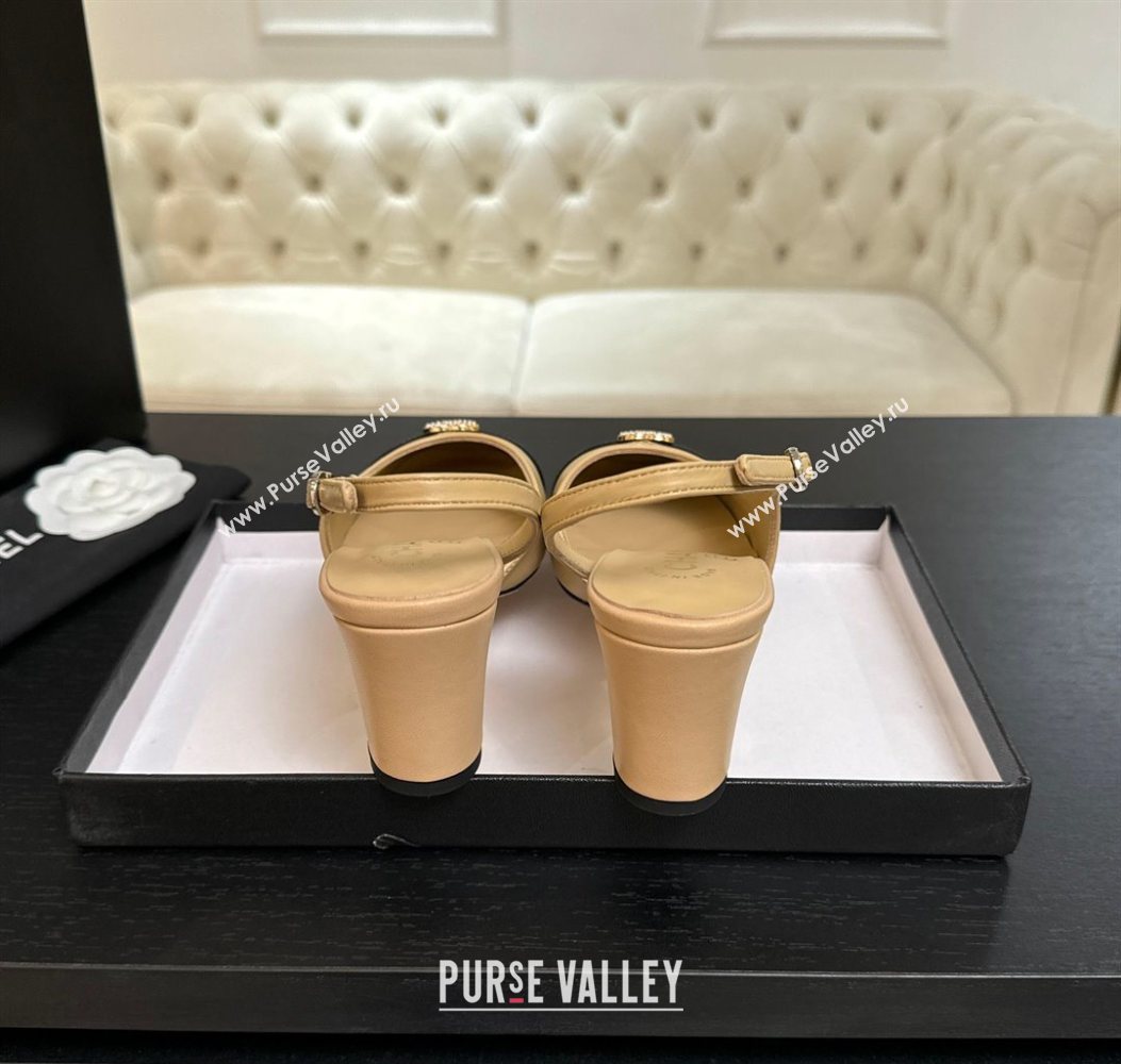 Chanel Lambskin and Calfskin Leather Slingback Pumps 6.5cm with Strass CC Beige 2025 CH110301 (MD-251103007)