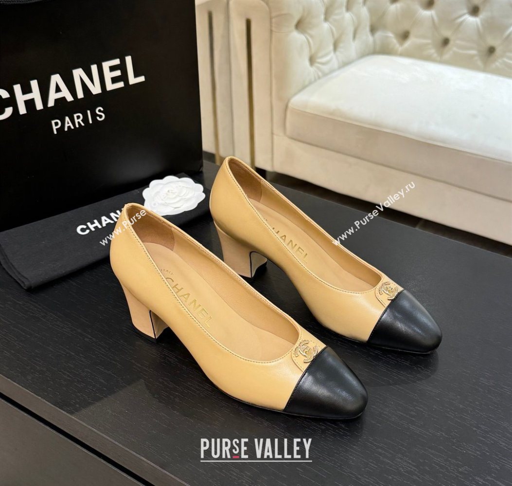 Chanel Lambskin Leather Pumps 6.5cm with CC Tag Beige 2025 G46441 2 (MD-251103017)