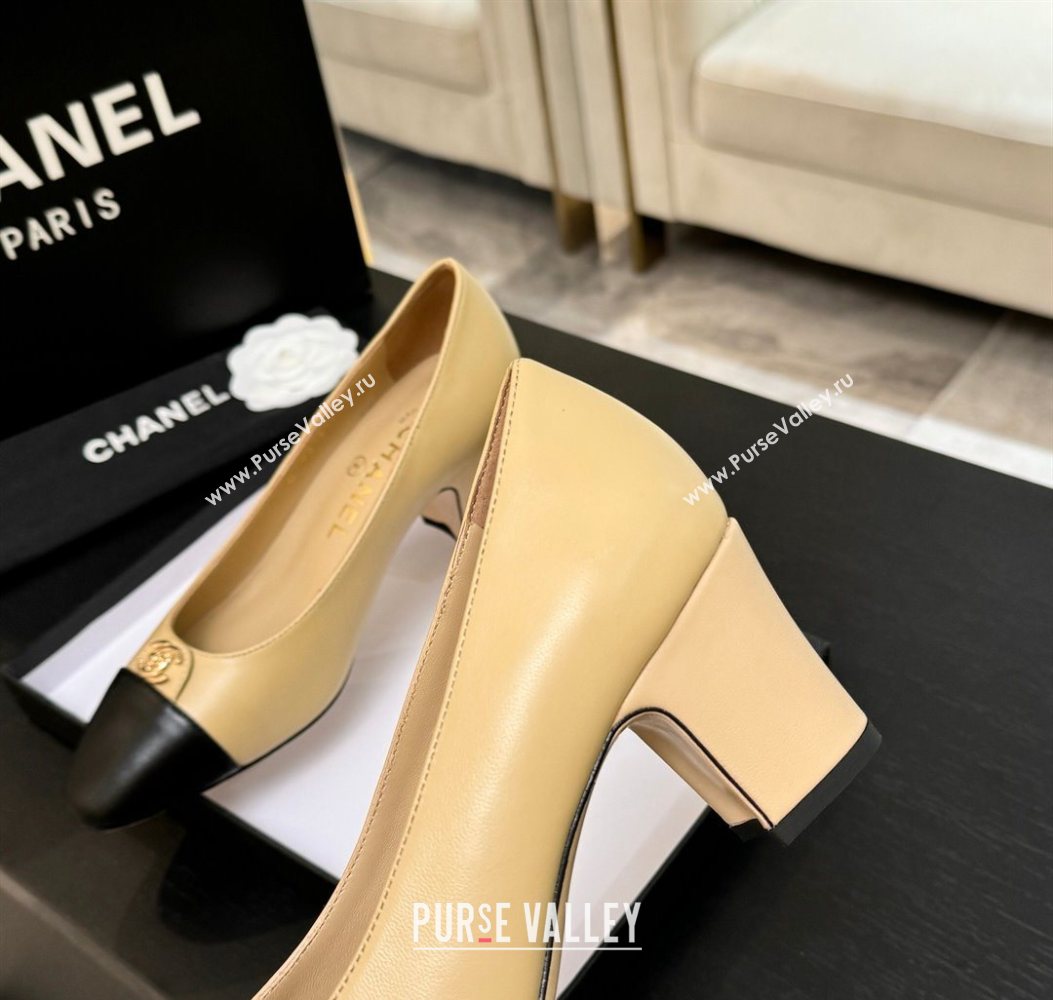 Chanel Lambskin Leather Pumps 6.5cm with CC Tag Beige 2025 G46441 2 (MD-251103017)