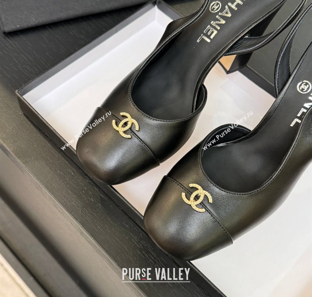 Chanel Lambskin and Calfskin Leather Slingback Pumps 6.5cm with Strass CC Black 2025 CH110301 (MD-251103008)