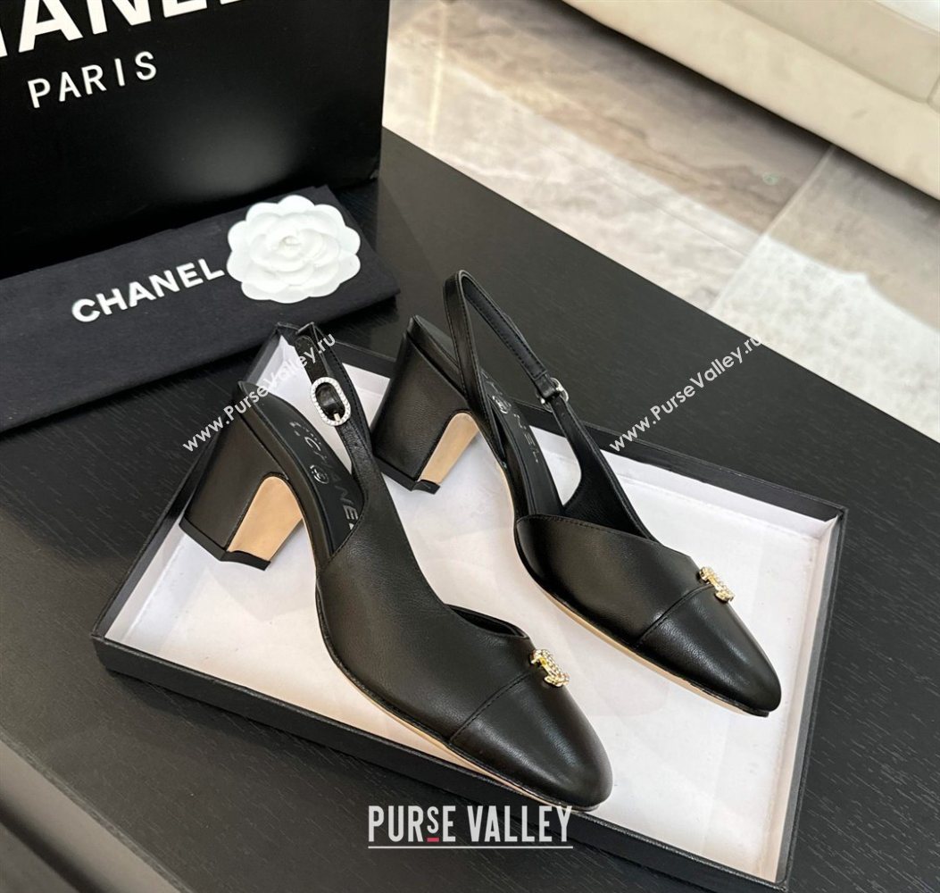 Chanel Lambskin and Calfskin Leather Slingback Pumps 6.5cm with Strass CC Black 2025 CH110301 (MD-251103008)