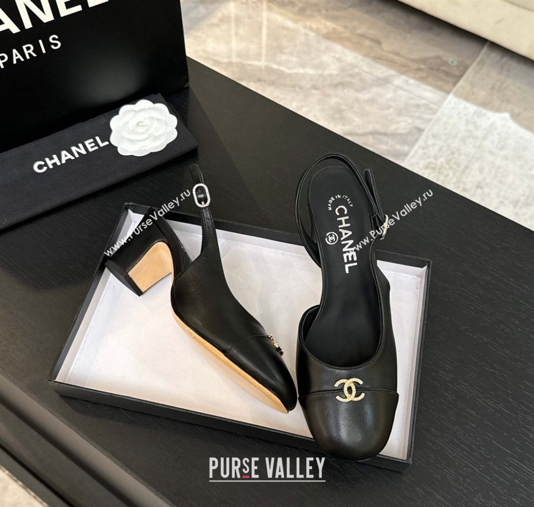 Chanel Lambskin and Calfskin Leather Slingback Pumps 6.5cm with Strass CC Black 2025 CH110301 (MD-251103008)
