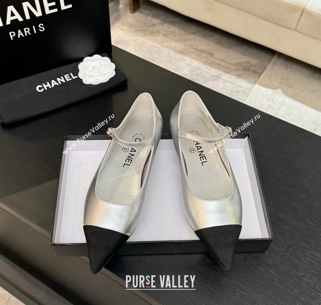 Chanel Lambskin Grosgrain Pointed Mary Janes Ballet Flats Silver 2025 G46849 (MD-251103039)