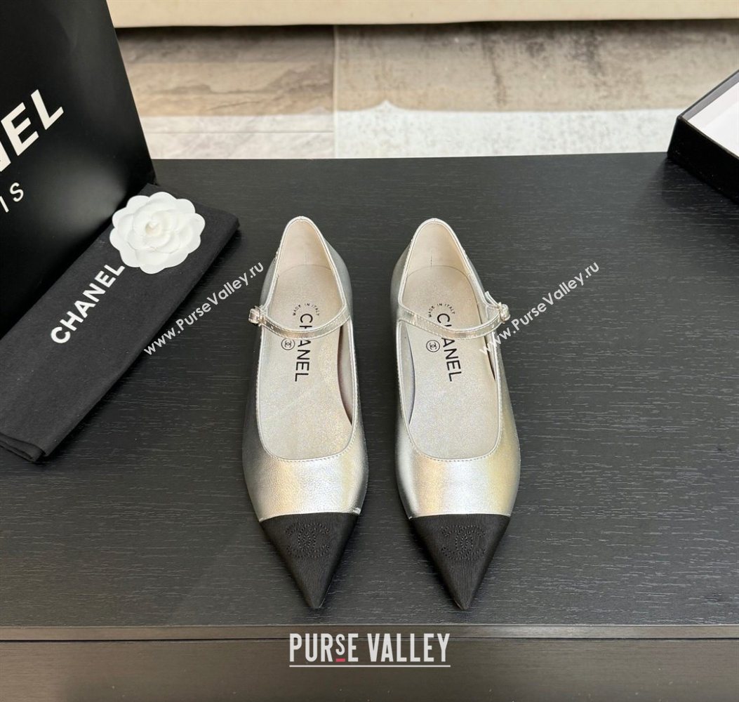 Chanel Lambskin Grosgrain Pointed Mary Janes Ballet Flats Silver 2025 G46849 (MD-251103039)