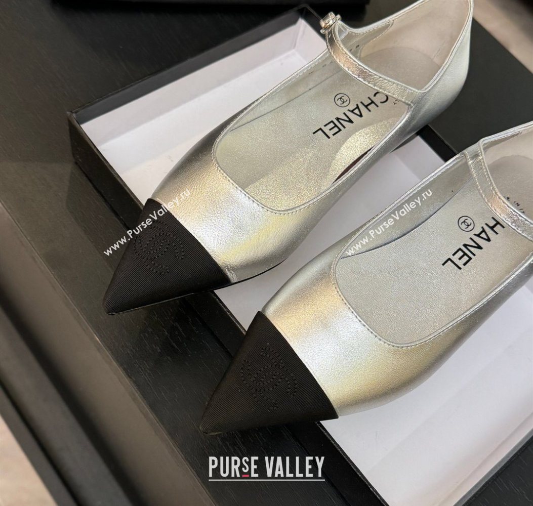 Chanel Lambskin Grosgrain Pointed Mary Janes Ballet Flats Silver 2025 G46849 (MD-251103039)