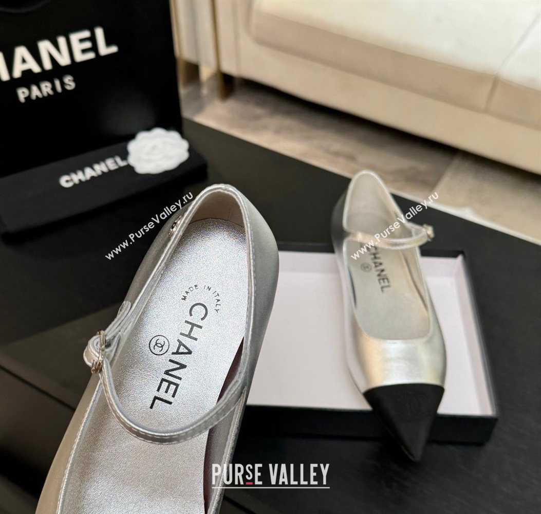 Chanel Lambskin Grosgrain Pointed Mary Janes Ballet Flats Silver 2025 G46849 (MD-251103039)