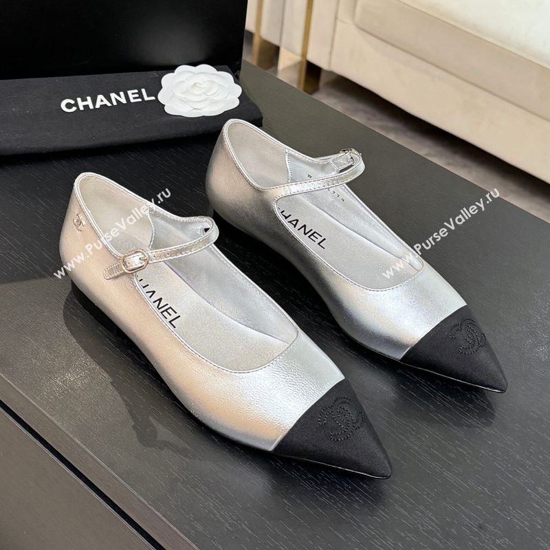 Chanel Lambskin Grosgrain Pointed Mary Janes Ballet Flats Silver 2025 G46849 (MD-251103039)