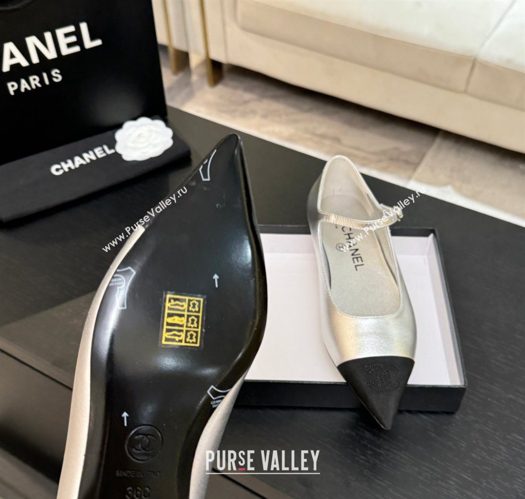 Chanel Lambskin Grosgrain Pointed Mary Janes Ballet Flats Silver 2025 G46849 (MD-251103039)