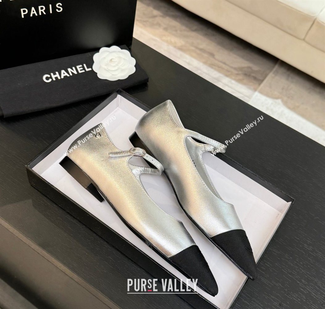 Chanel Lambskin Grosgrain Pointed Mary Janes Ballet Flats Silver 2025 G46849 (MD-251103039)