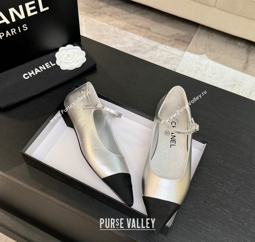 Chanel Lambskin Grosgrain Pointed Mary Janes Ballet Flats Silver 2025 G46849 (MD-251103039)
