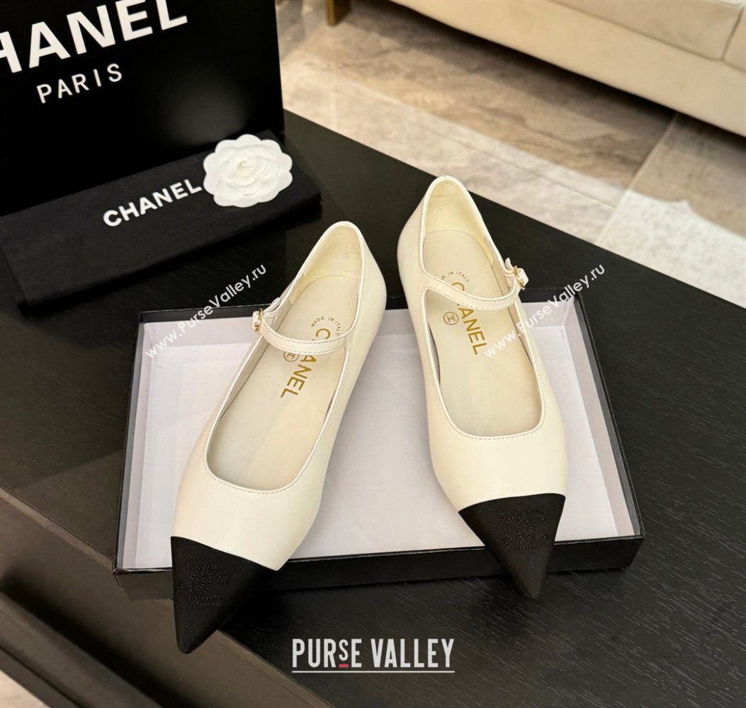 Chanel Lambskin Grosgrain Pointed Mary Janes Ballet Flats White 2025 G46849 (MD-251103041)
