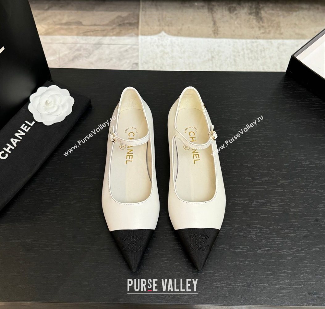 Chanel Lambskin Grosgrain Pointed Mary Janes Ballet Flats White 2025 G46849 (MD-251103041)