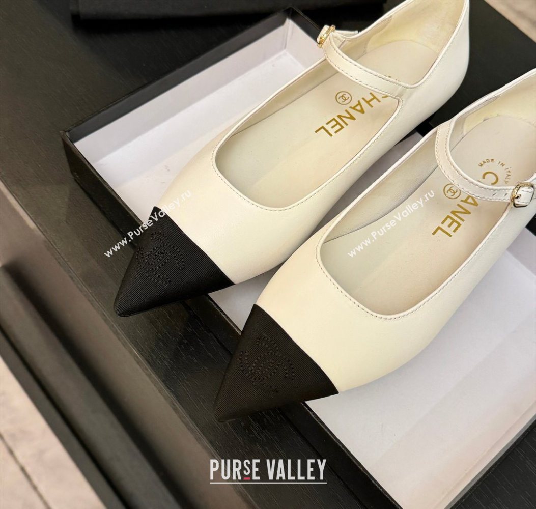 Chanel Lambskin Grosgrain Pointed Mary Janes Ballet Flats White 2025 G46849 (MD-251103041)