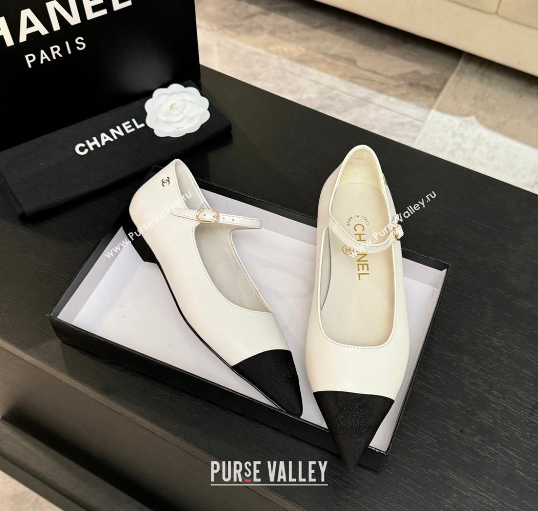 Chanel Lambskin Grosgrain Pointed Mary Janes Ballet Flats White 2025 G46849 (MD-251103041)