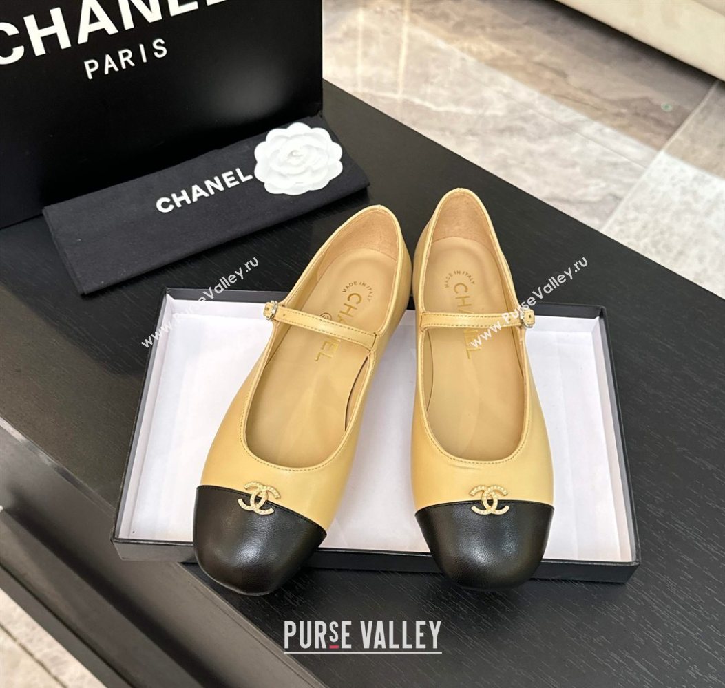 Chanel Lambskin and Calfskin Leather Mary Janes Ballets Flat with Strass CC Beige 2025 CH110301 (MD-251103009)