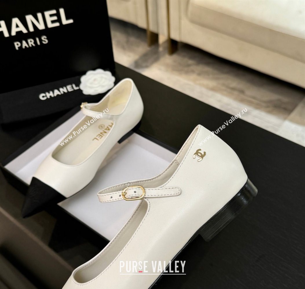 Chanel Lambskin Grosgrain Pointed Mary Janes Ballet Flats White 2025 G46849 (MD-251103041)