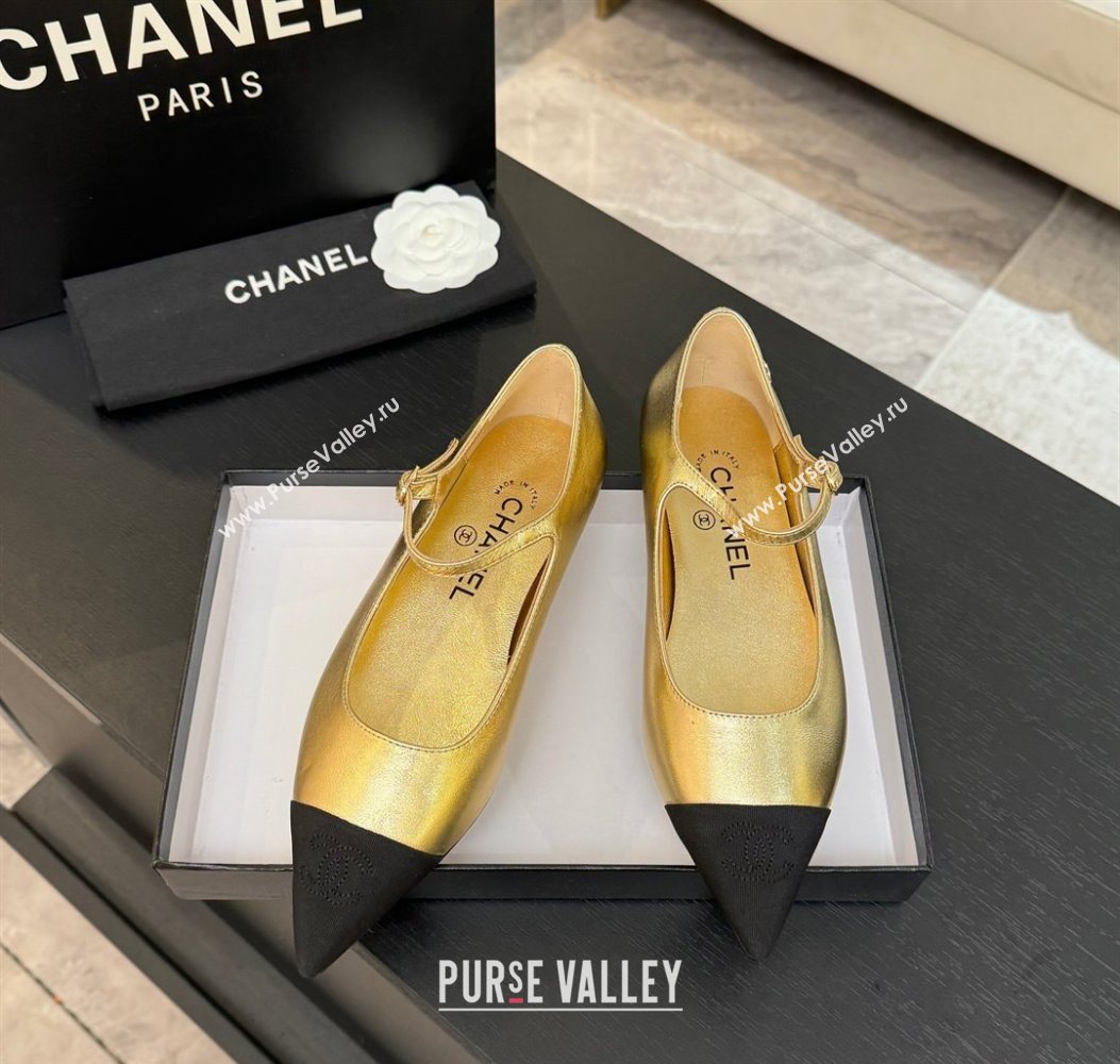 Chanel Lambskin Grosgrain Pointed Mary Janes Ballet Flats Gold 2025 G46849 (MD-251103042)