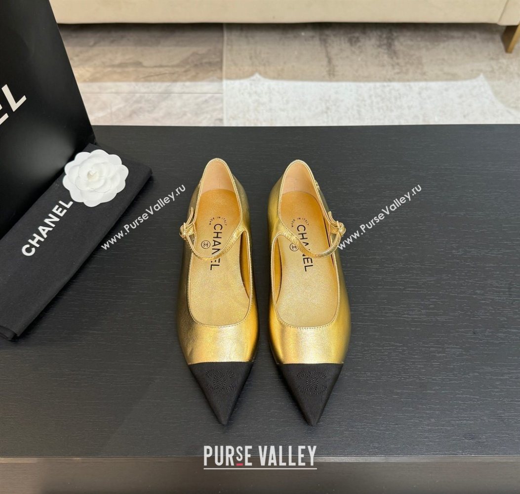 Chanel Lambskin Grosgrain Pointed Mary Janes Ballet Flats Gold 2025 G46849 (MD-251103042)