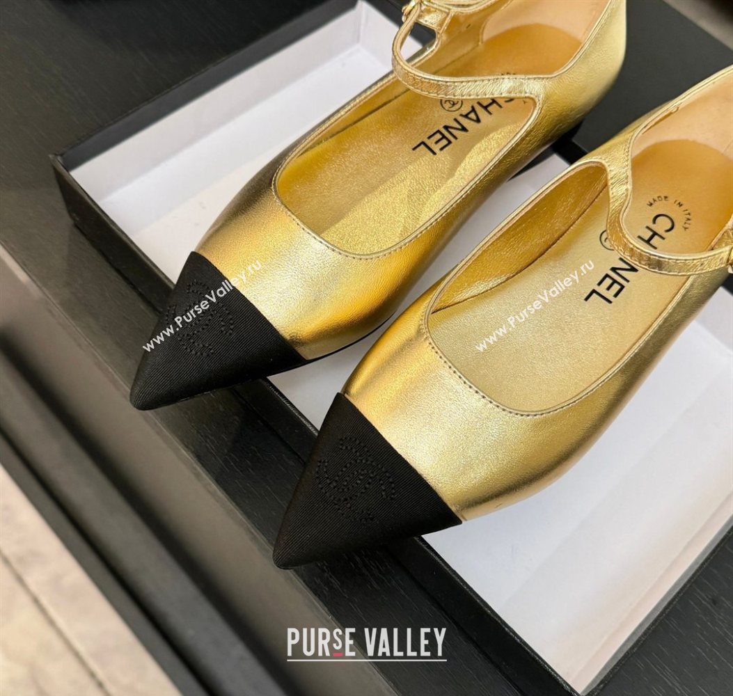 Chanel Lambskin Grosgrain Pointed Mary Janes Ballet Flats Gold 2025 G46849 (MD-251103042)