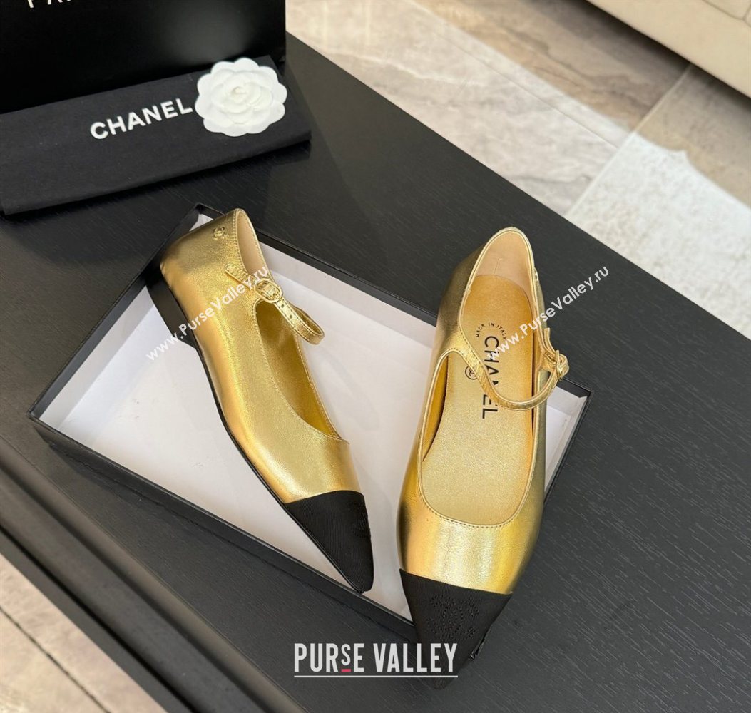 Chanel Lambskin Grosgrain Pointed Mary Janes Ballet Flats Gold 2025 G46849 (MD-251103042)