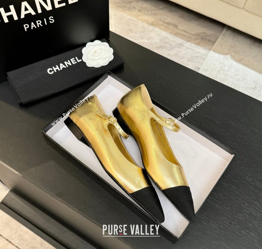 Chanel Lambskin Grosgrain Pointed Mary Janes Ballet Flats Gold 2025 G46849 (MD-251103042)
