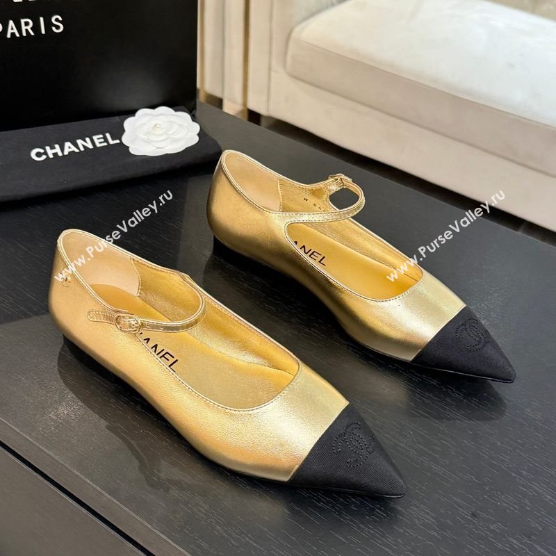 Chanel Lambskin Grosgrain Pointed Mary Janes Ballet Flats Gold 2025 G46849 (MD-251103042)