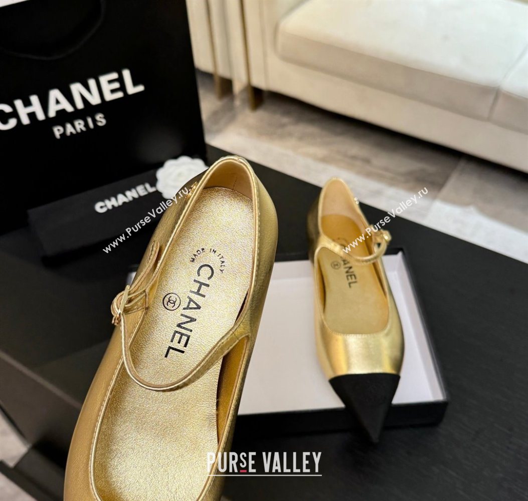 Chanel Lambskin Grosgrain Pointed Mary Janes Ballet Flats Gold 2025 G46849 (MD-251103042)