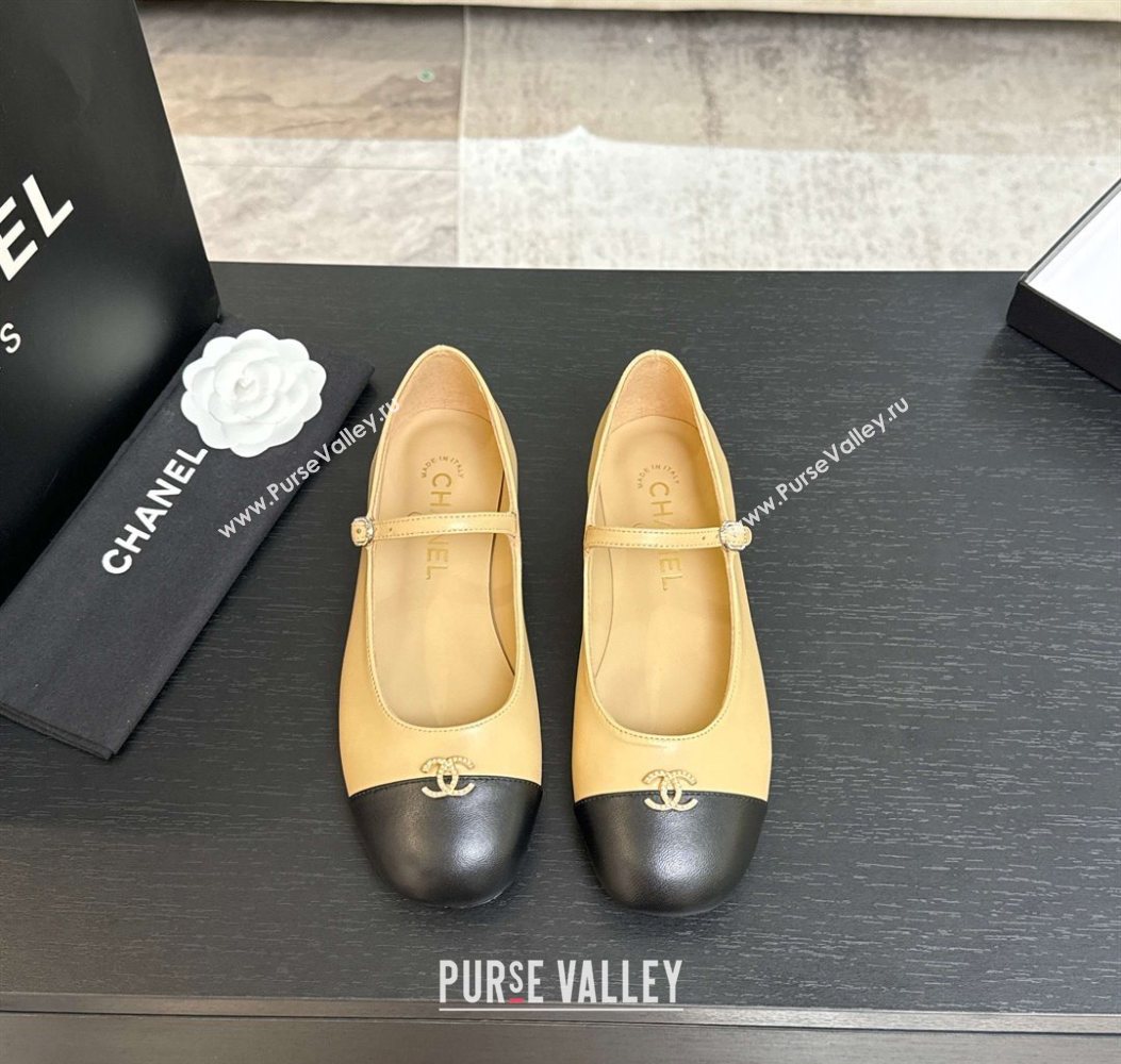 Chanel Lambskin and Calfskin Leather Mary Janes Ballets Flat with Strass CC Beige 2025 CH110301 (MD-251103009)