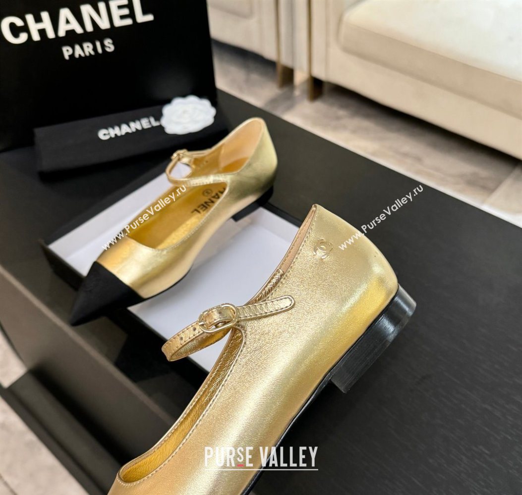 Chanel Lambskin Grosgrain Pointed Mary Janes Ballet Flats Gold 2025 G46849 (MD-251103042)