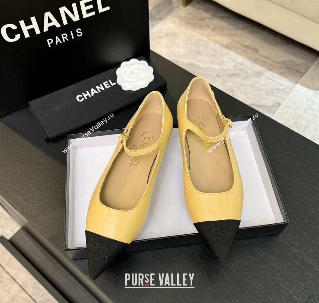 Chanel Lambskin Grosgrain Pointed Mary Janes Ballet Flats Beige Yellow 2025 G46849 (MD-251103043)
